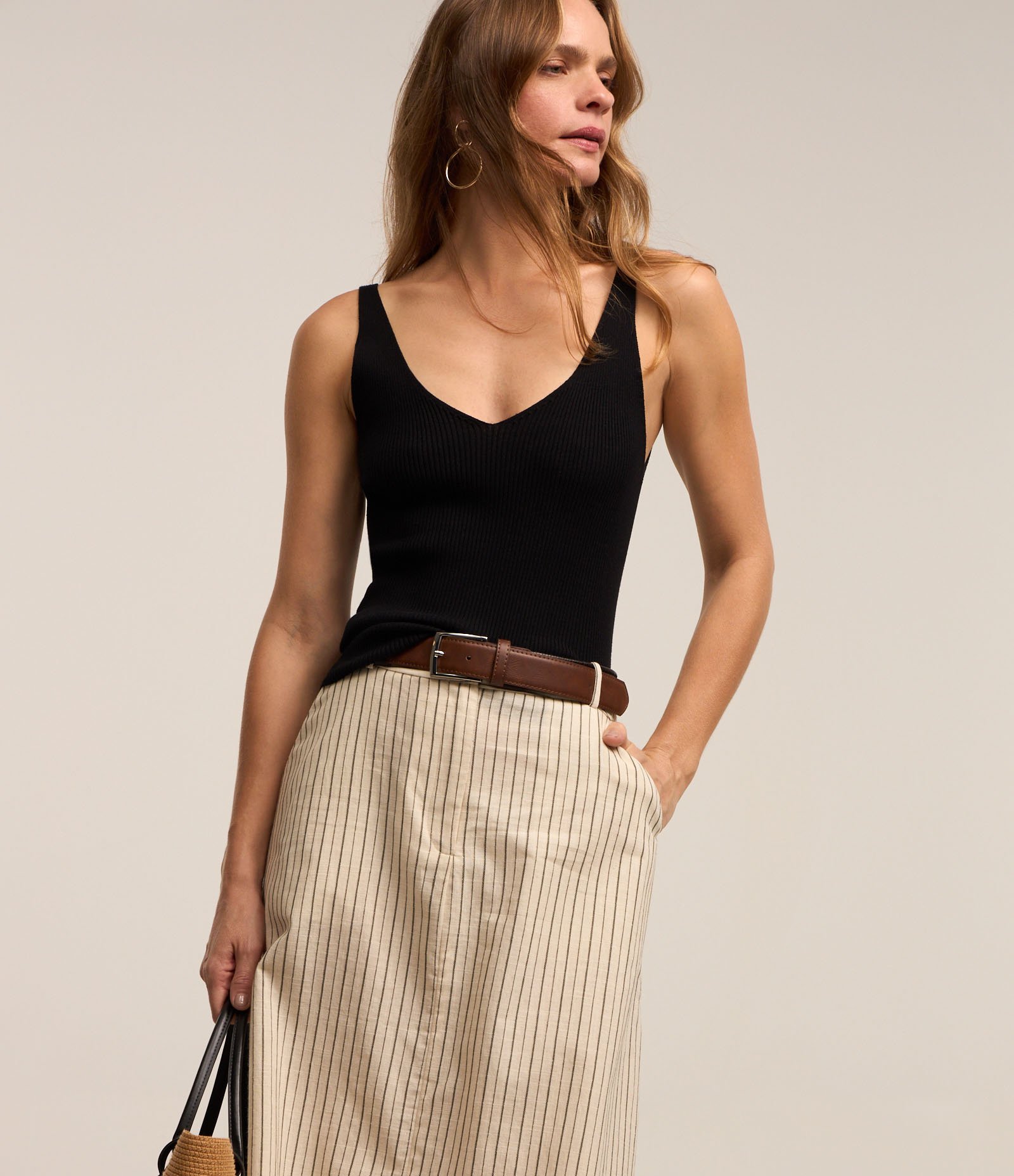 Saia Midi em Tricoline com Passantes no Cós e Estampa Listras em Fio Tinto Off White 2