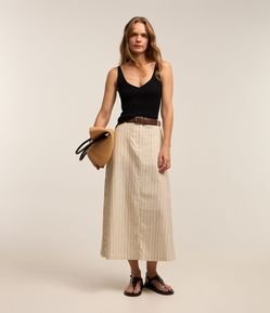 Saia Midi em Tricoline com Passantes no Cós e Estampa Listras em Fio Tinto