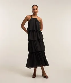 Vestido Midi em Chiffon com Babados e Alça Dupla