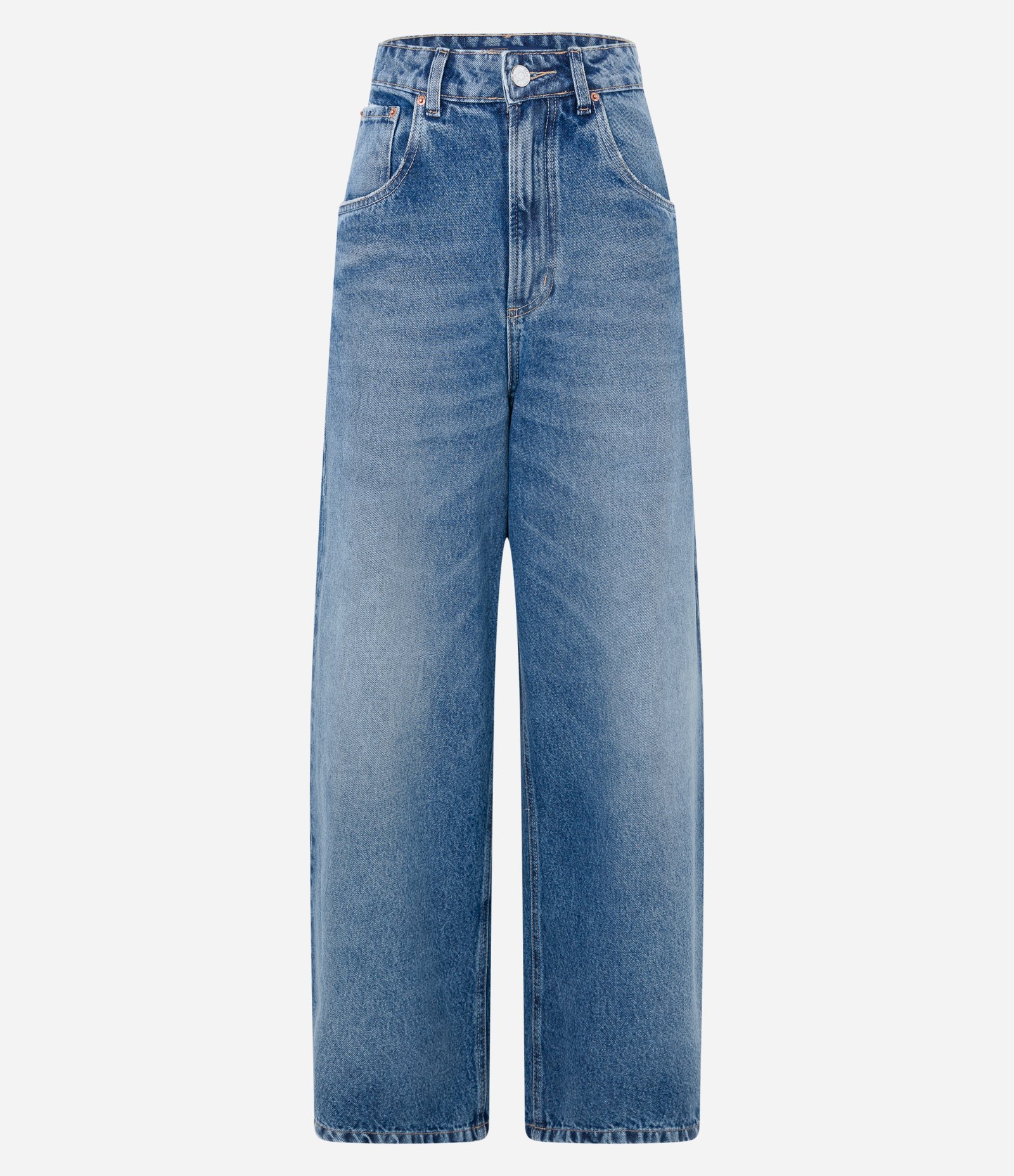 Calça Ampla Cintura Alta em Jeans com Bolsos Azul 6