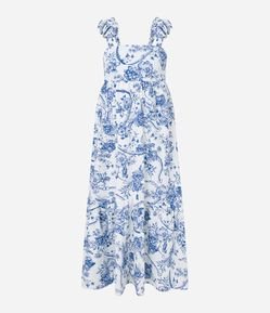 Vestido Midi em Tricoline com Alça Texturizada e Estampa Floral