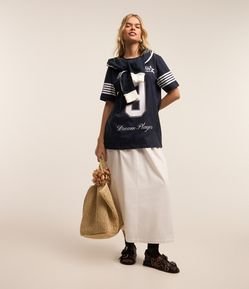 Saia New Midi em Tricoline com Cós Largo e Pregas