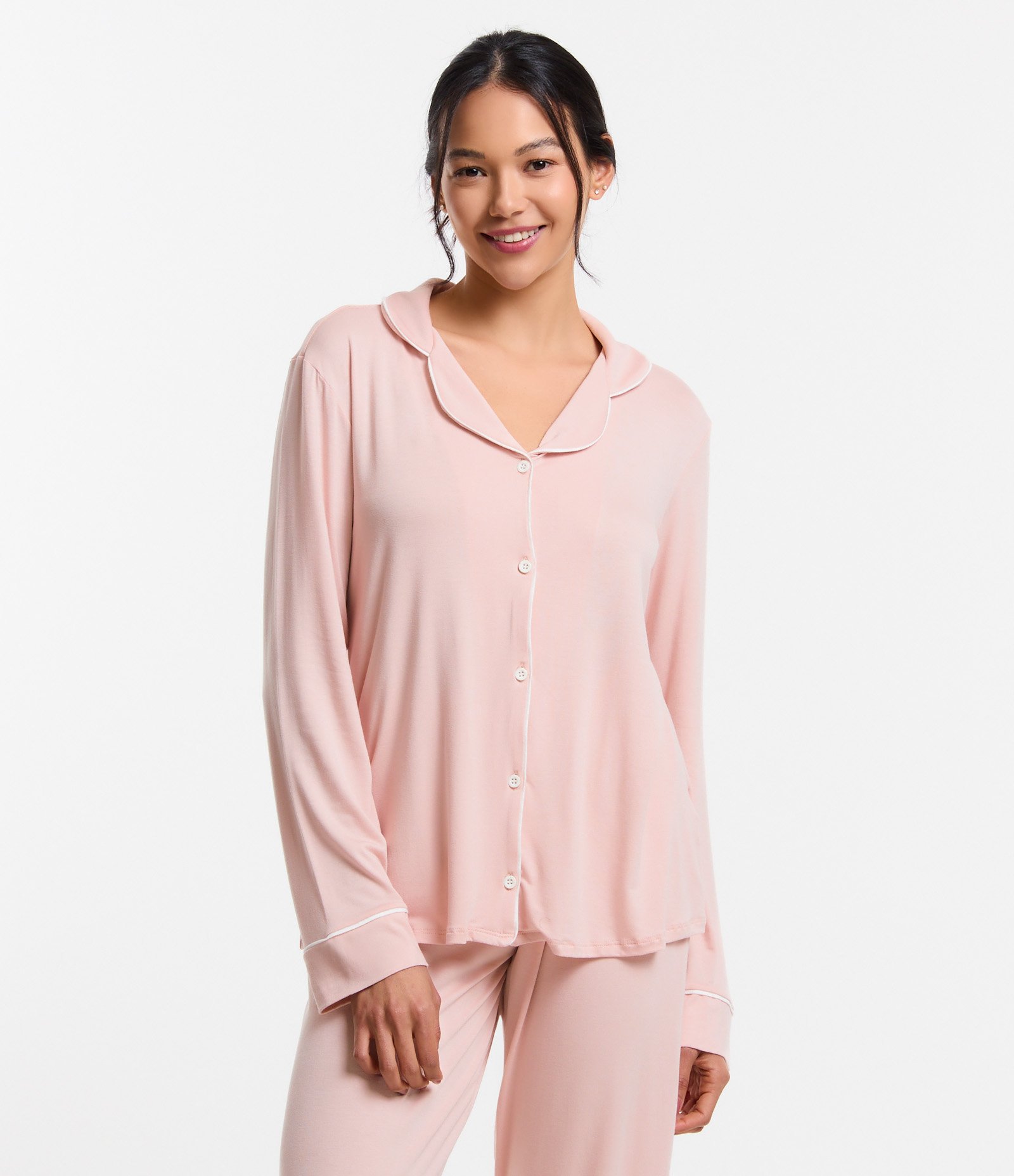 Pijama Americano Longo com Viés Contrastante Rosa Pêssego 3