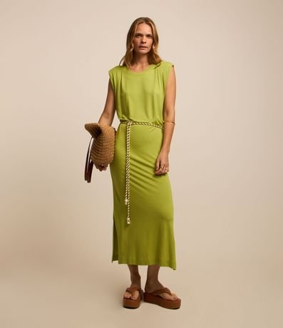 Vestido New Midi em Moletinho com Ombreira e Cinto de Cordão Menor preço em Vestido New Midi em Moletinho com Ombreira e Cinto de Cordão
