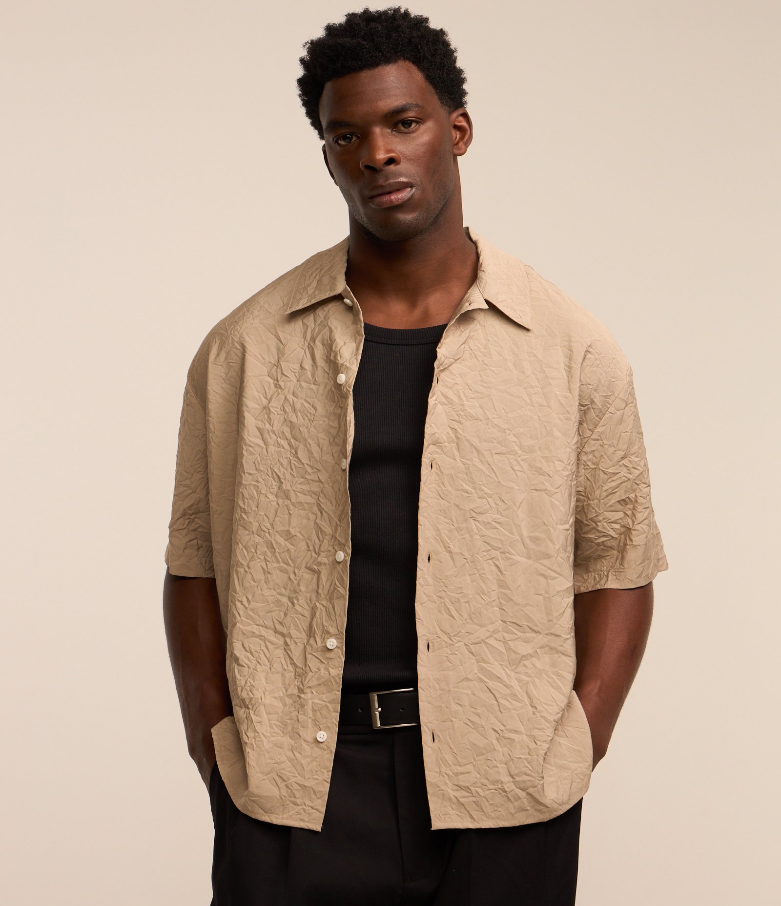 Camisa em Viscose com Efeito Amassado Bege 1