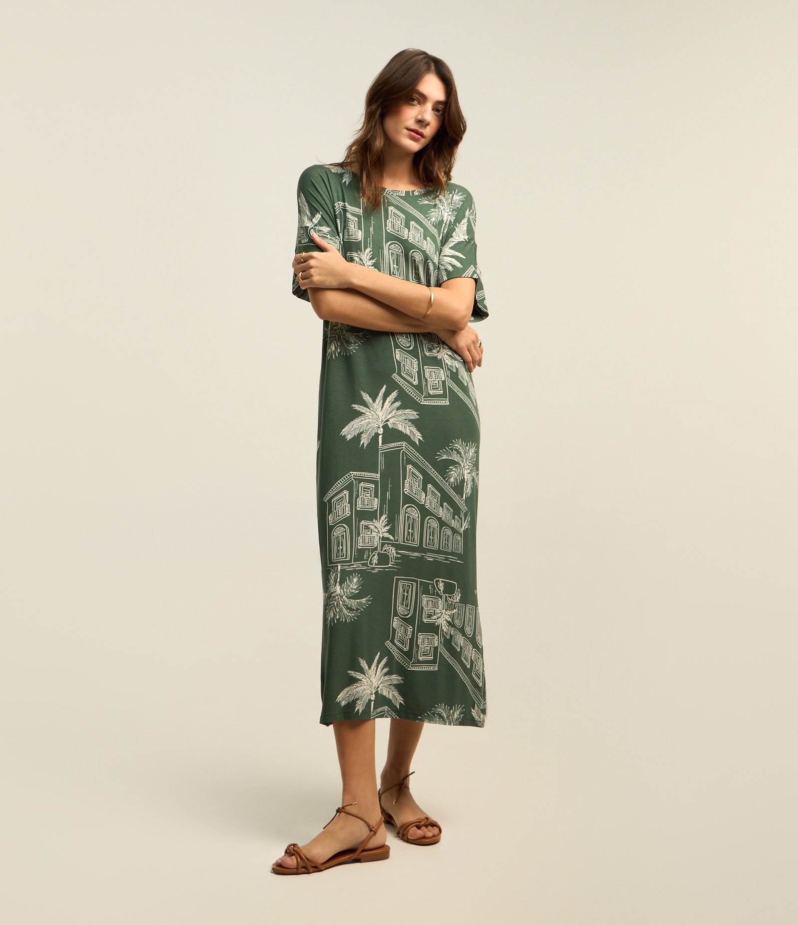 Vestido Midi em Viscose com Estampa Paisagem Verde 1