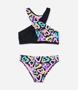 Biquíni Infantil Transpassado com Estampa Corações - Tam 5 a 14 Anos