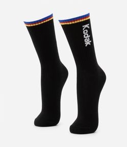 Meia Cano Alto com Listras e Estampa Kodak