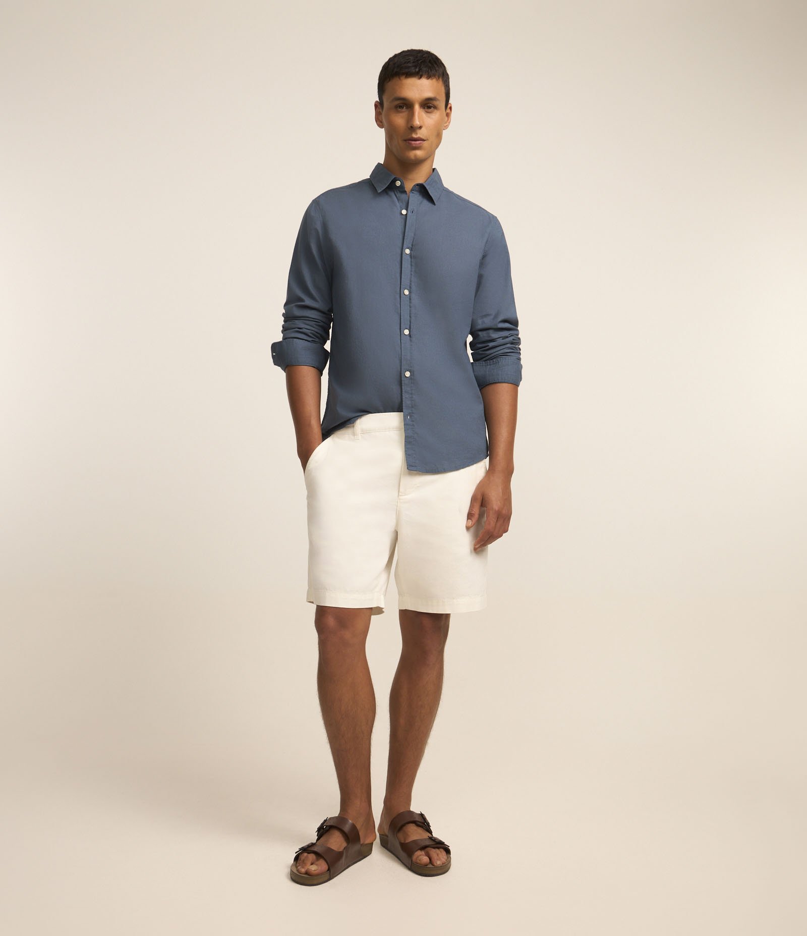 Bermuda em Sarja com Textura e Cós Fixo Off White 1