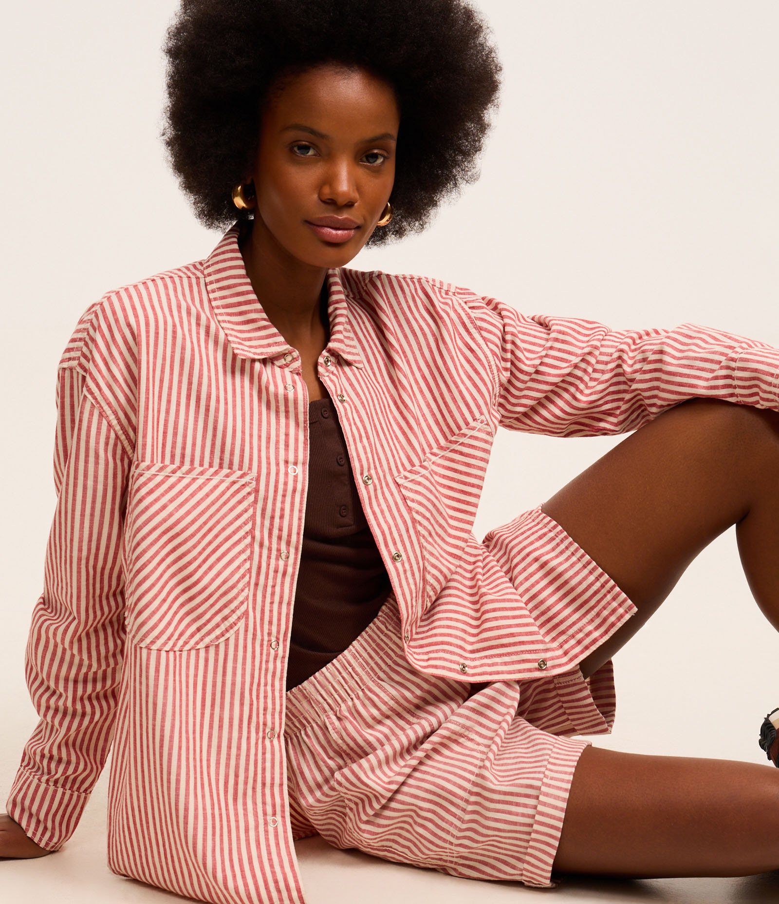 Camisa em Tricoline Listrado com Bolsos Rosa 1