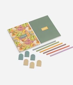 Kit de Escritório com Cadernos 6 Lápis e Clips com Estampa Frutas