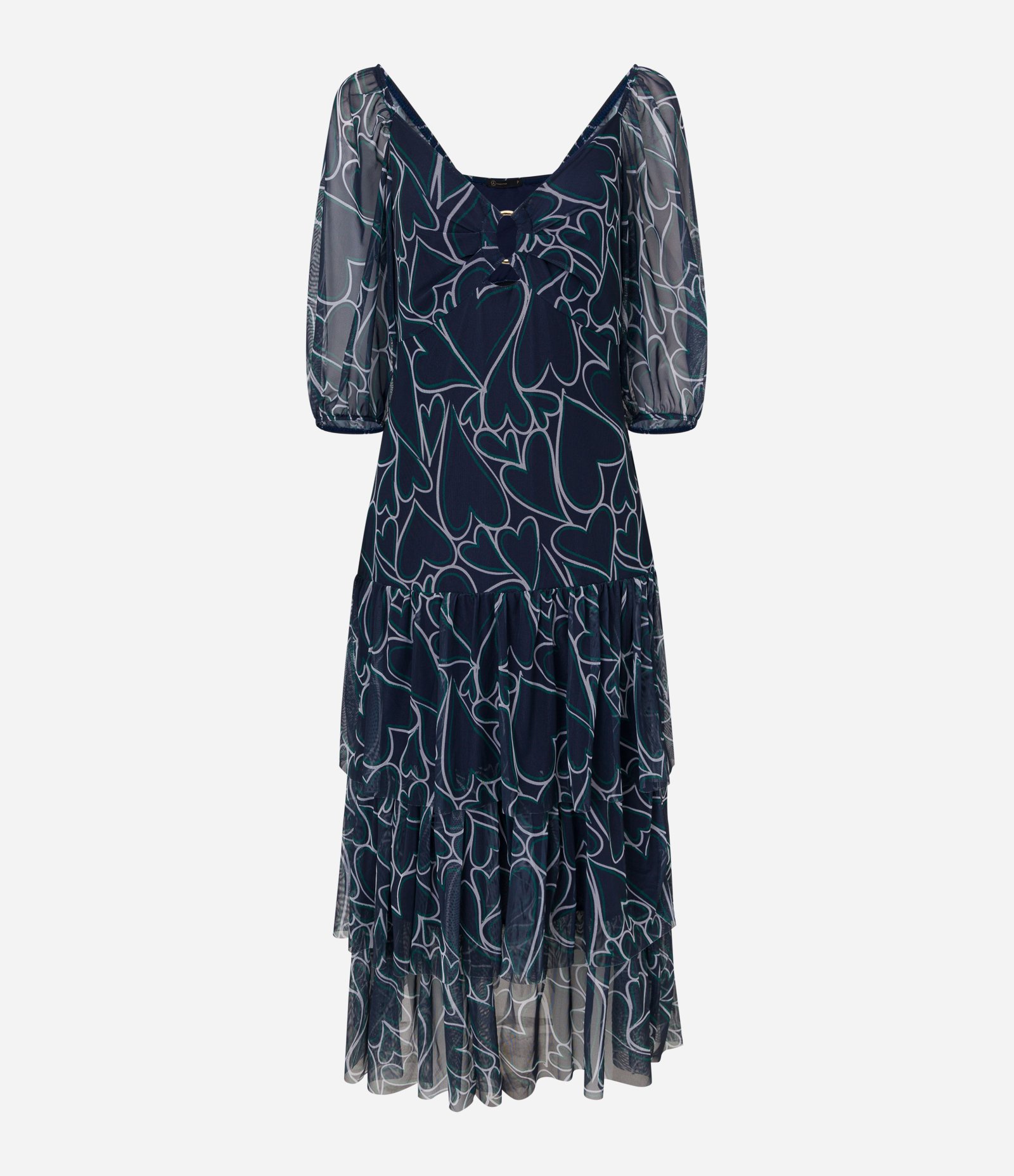 Vestido Midi em Tule com Babados na Saia e Estampa de Corações Azul 5