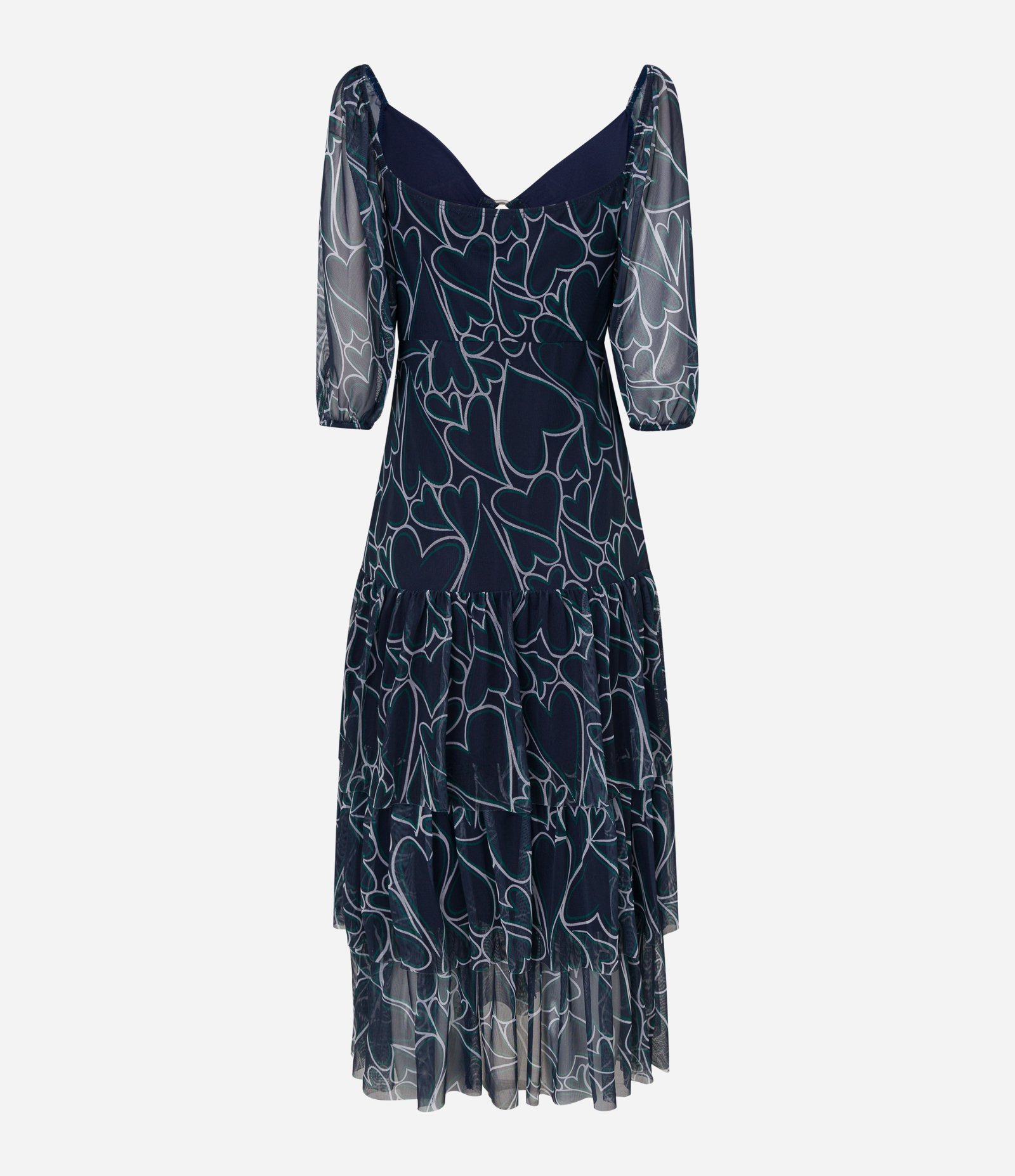 Vestido Midi em Tule com Babados na Saia e Estampa de Corações Azul 7