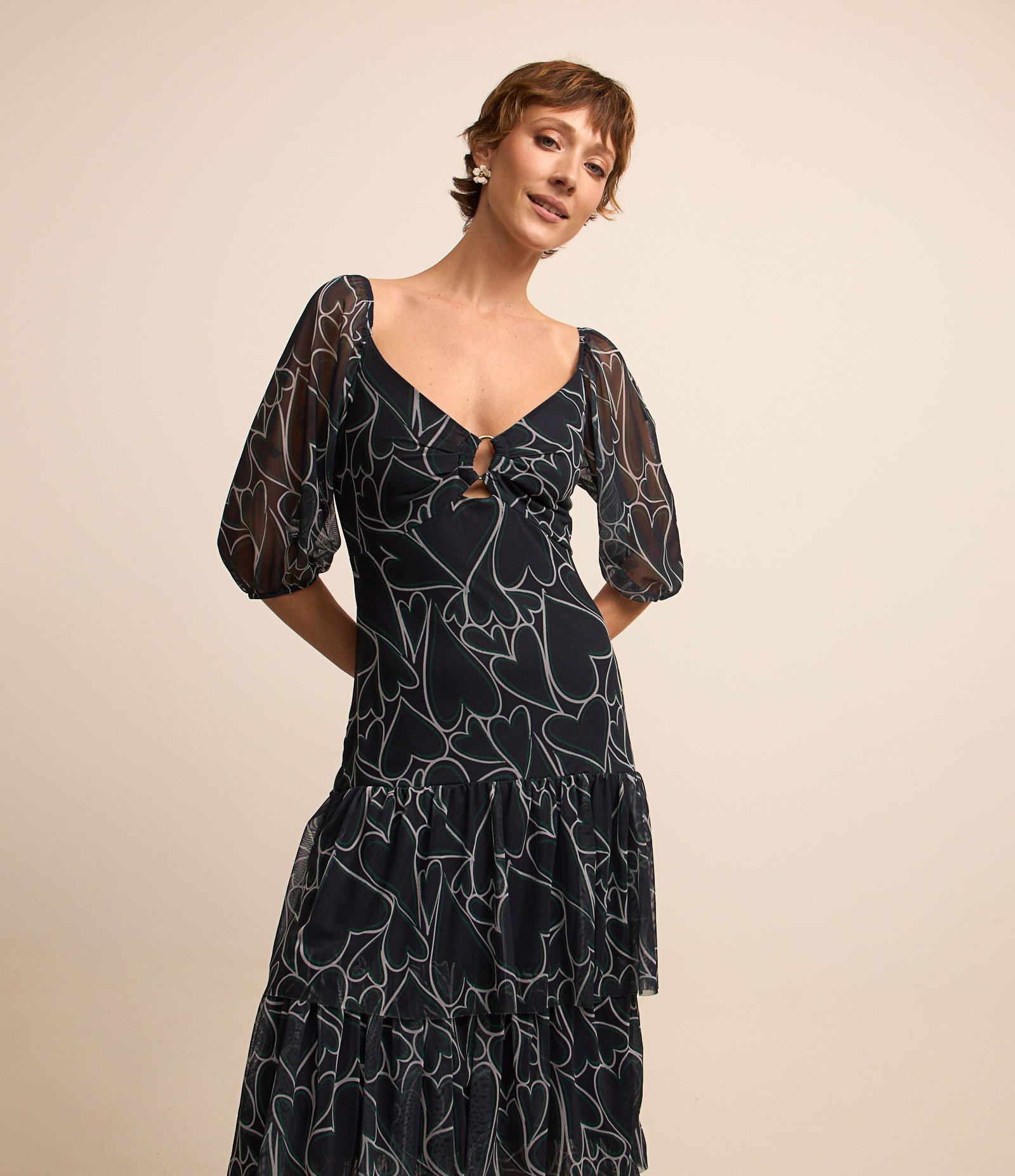 Vestido Midi em Tule com Babados na Saia e Estampa de Corações Azul 1