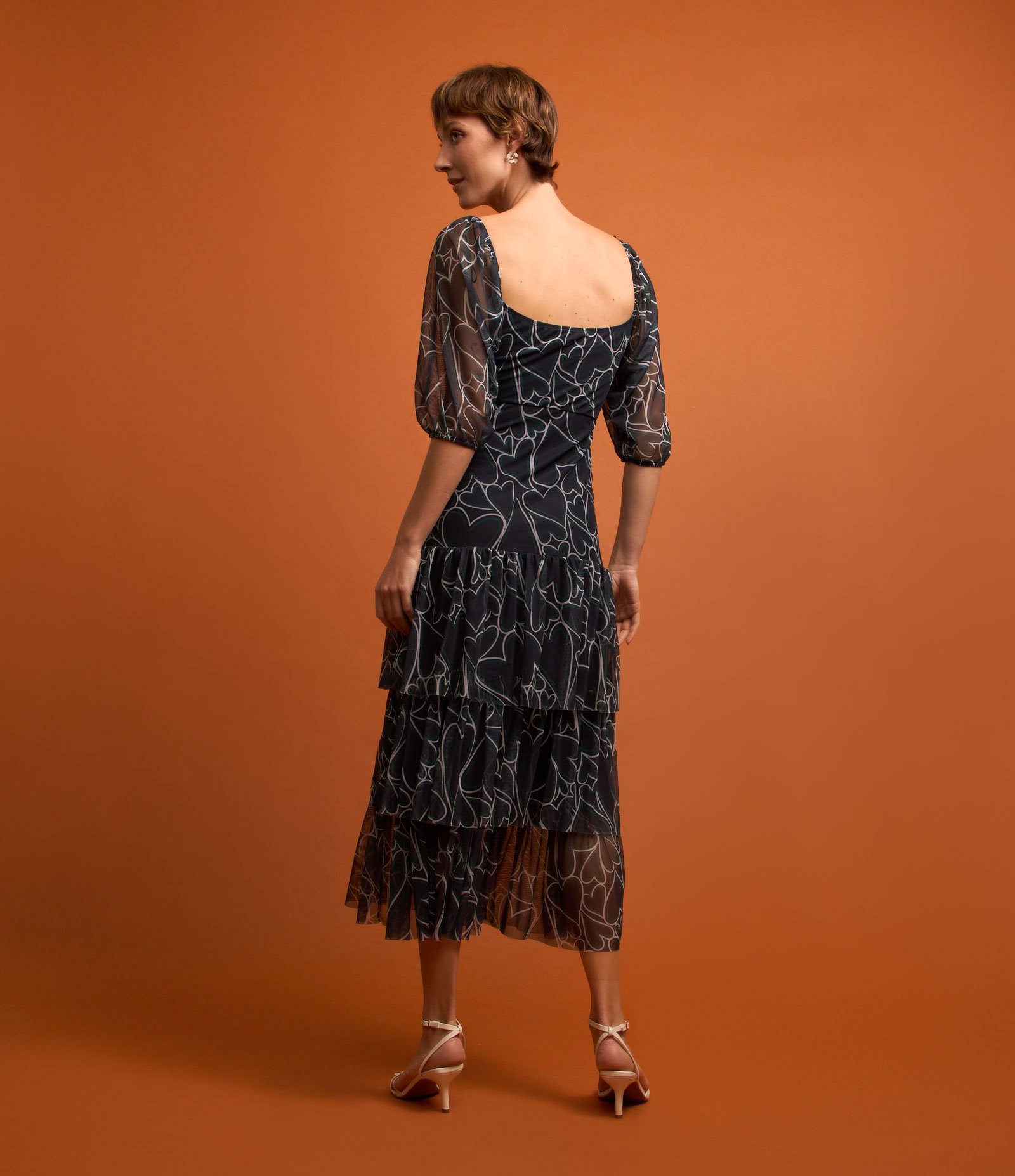 Vestido Midi em Tule com Babados na Saia e Estampa de Corações Azul 3