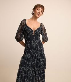 Vestido Midi em Tule com Babados na Saia e Estampa de Corações