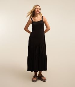 Vestido New Midi em Viscose com Decote Coração e Lastex nas Costas