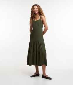 Vestido New Midi em Viscose com Decote Coração e Lastex nas Costas