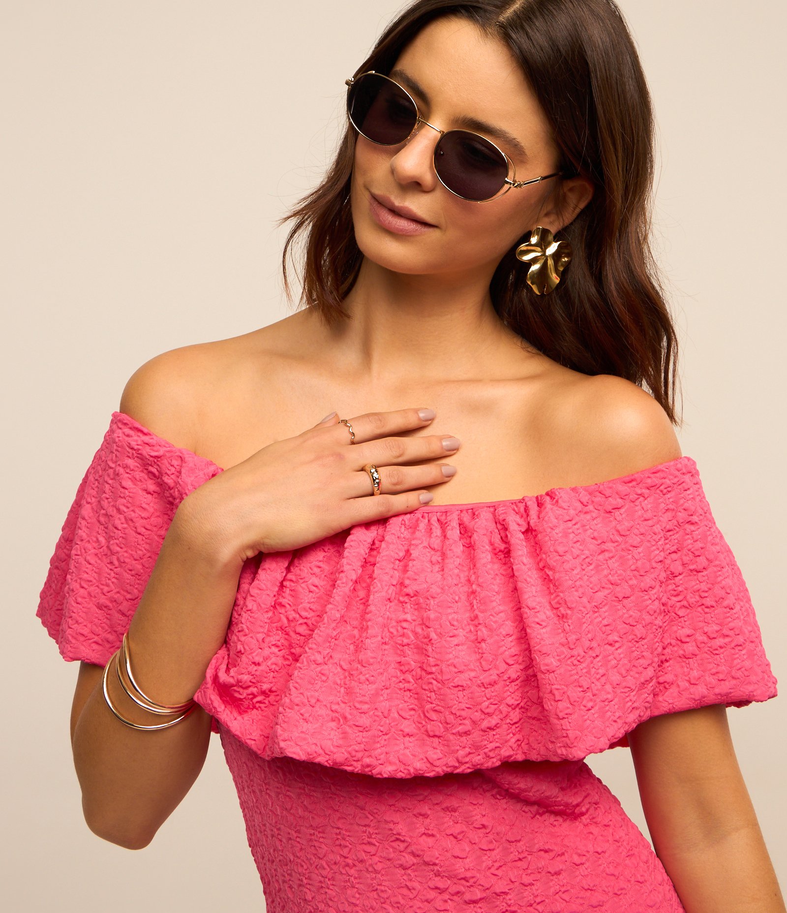 Vestido Ombro a Ombro com Babado e Texturas Rosa 5