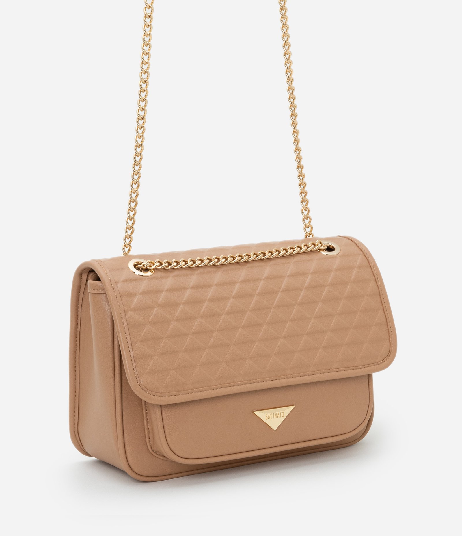 Bolsa Shoulder em PU Liso com Detalhe Plaquinha em Triângulo Bege 1