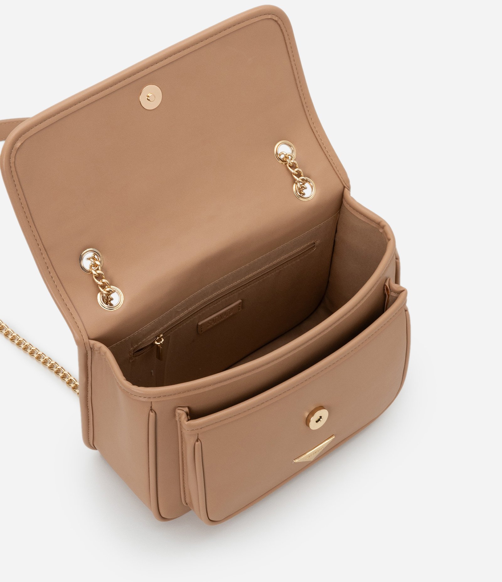 Bolsa Shoulder em PU Liso com Detalhe Plaquinha em Triângulo Bege 5