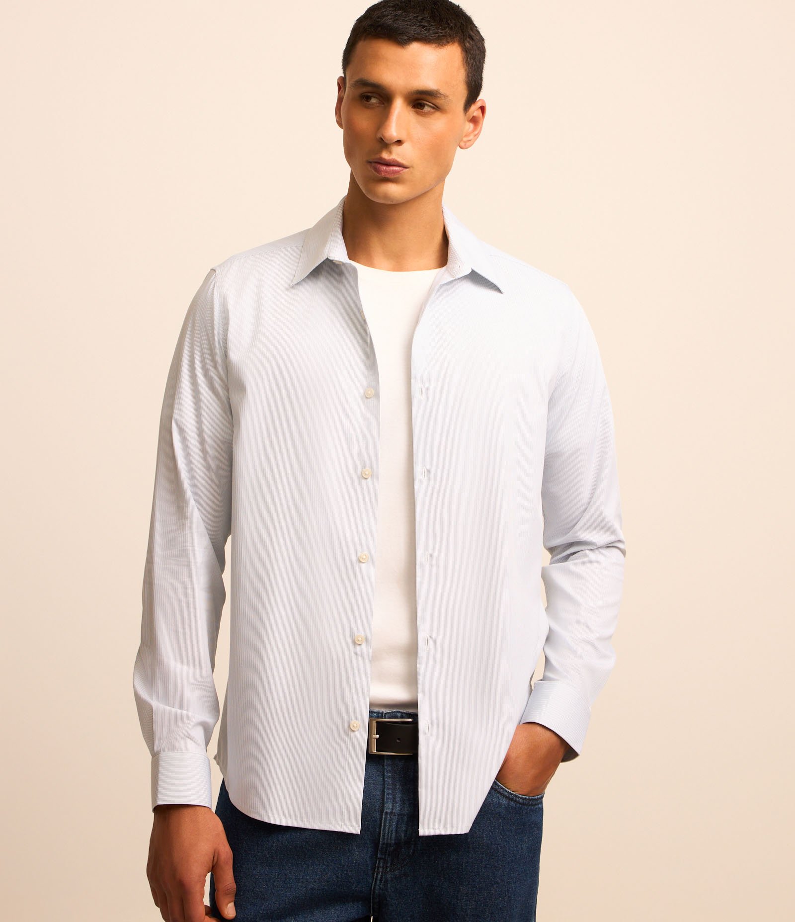 Camisa com Fibra de Bambu Maquinetada com Listras Azul Claro 1