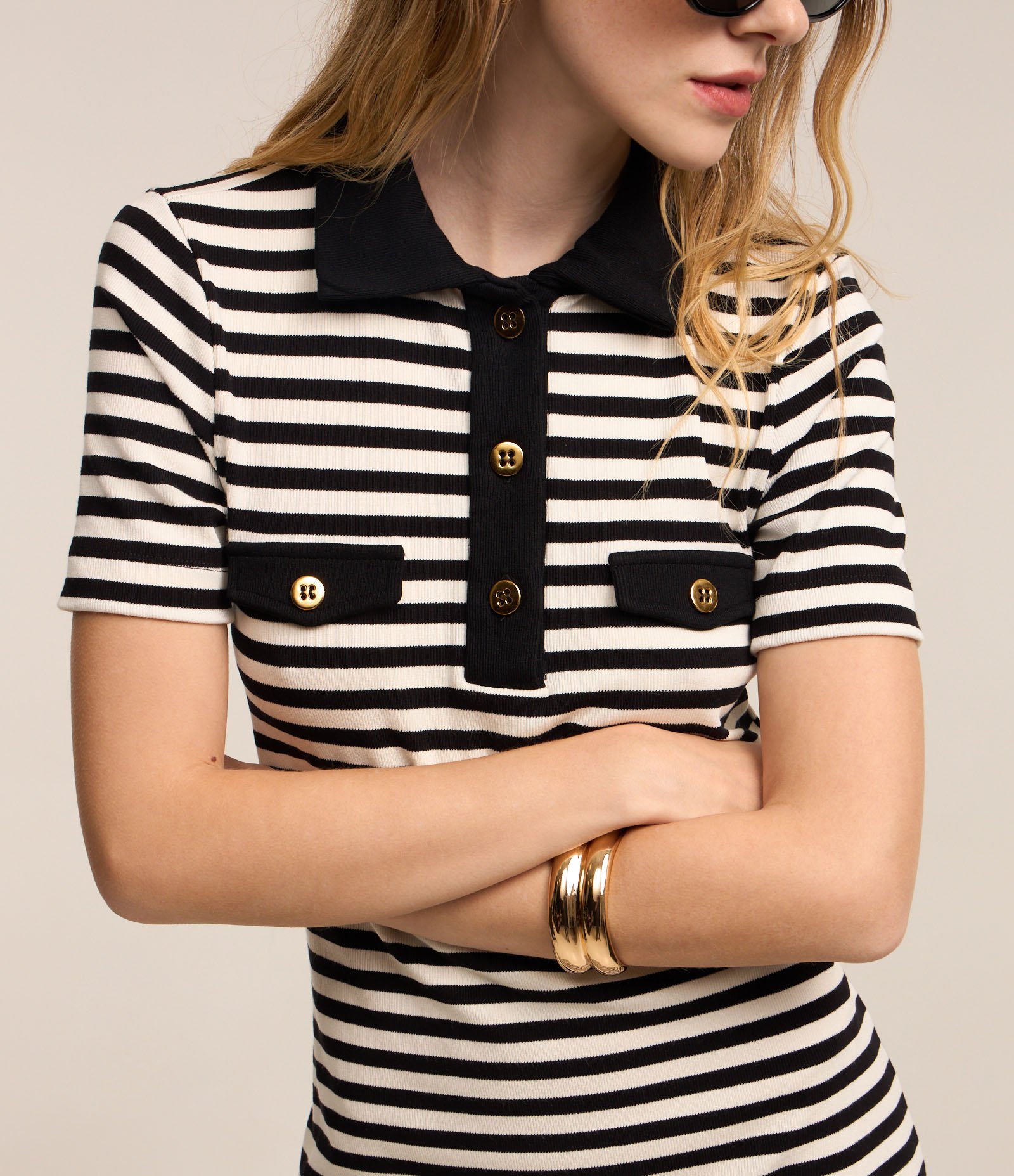 Vestido em Ribana com Gola Lapela e Estampa Listrada Preto/ Branco 4