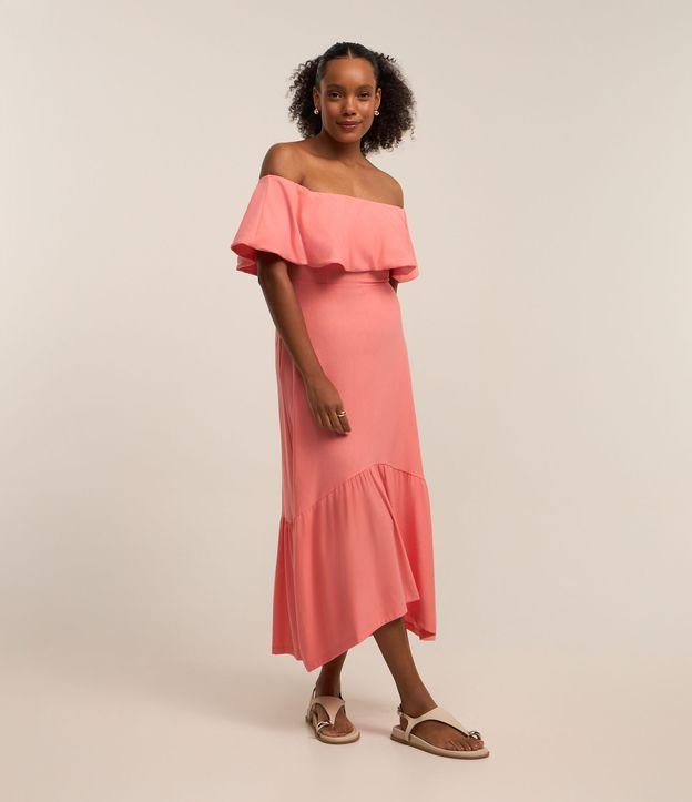 Vestido Ombro a Ombro New Midi em Viscose com Babados