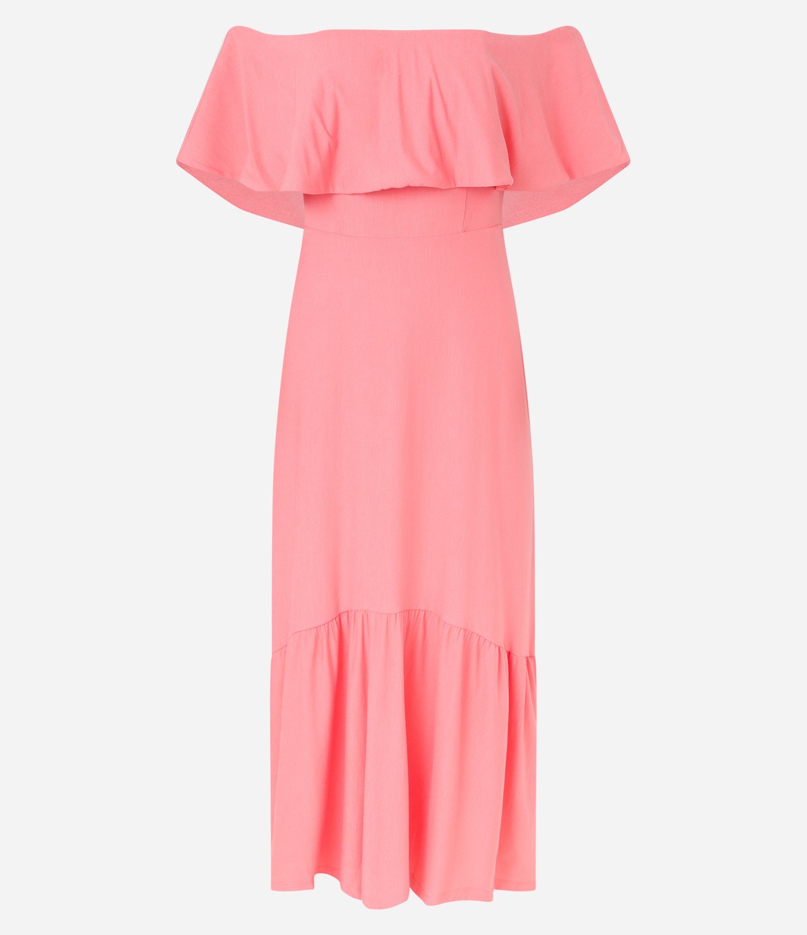 Vestido Ombro a Ombro New Midi em Viscose com Babados Rosa Coral 6