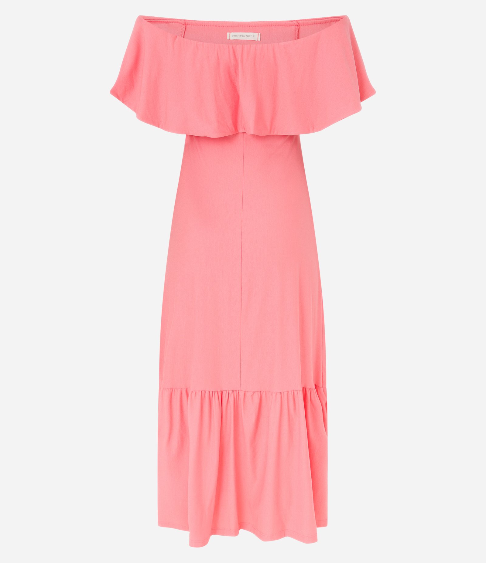 Vestido Ombro a Ombro New Midi em Viscose com Babados Rosa Coral 7