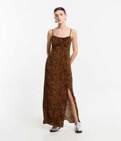 Vestido New Midi em Viscose Animal Print com Decote Franzido e Fenda