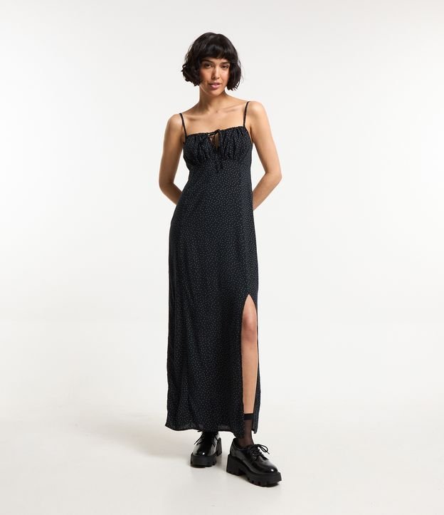 Vestido New Midi em Viscose Estampa Poá com Fenda