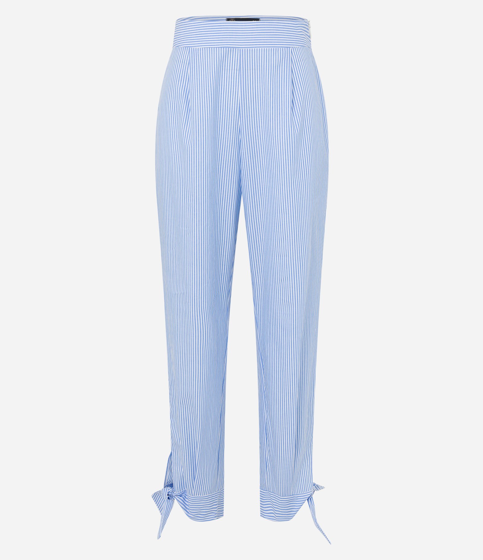 Calça Cenoura em Tricoline com Listras em Fio Tinto e Amarração na Barra Azul 5