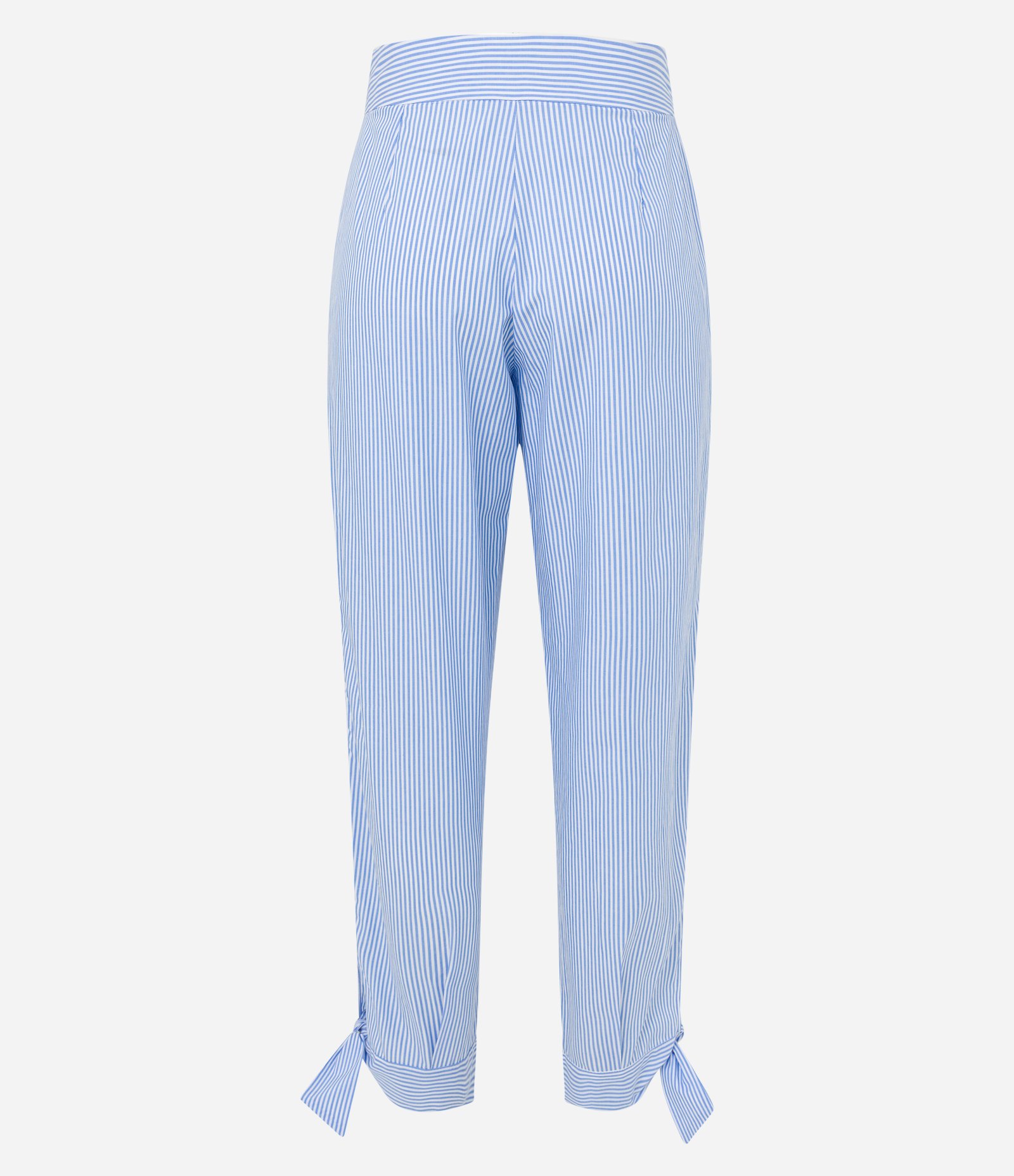 Calça Cenoura em Tricoline com Listras em Fio Tinto e Amarração na Barra Azul 6