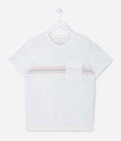 Camiseta Comfort Infantil em Flamê com Estampa Listras e Bolsinho - Tam 5 a 14 anos