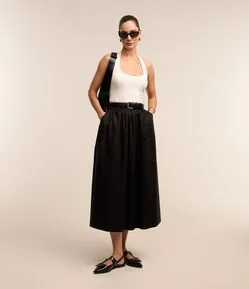 Saia Midi em Tricoline com Elástico na Cintura