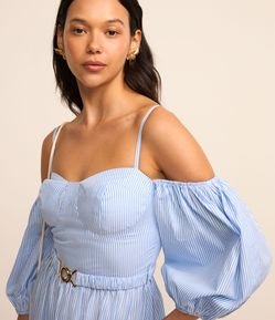 Vestido Midi em Tricoline com Decote Ombro a Ombro e Cinto