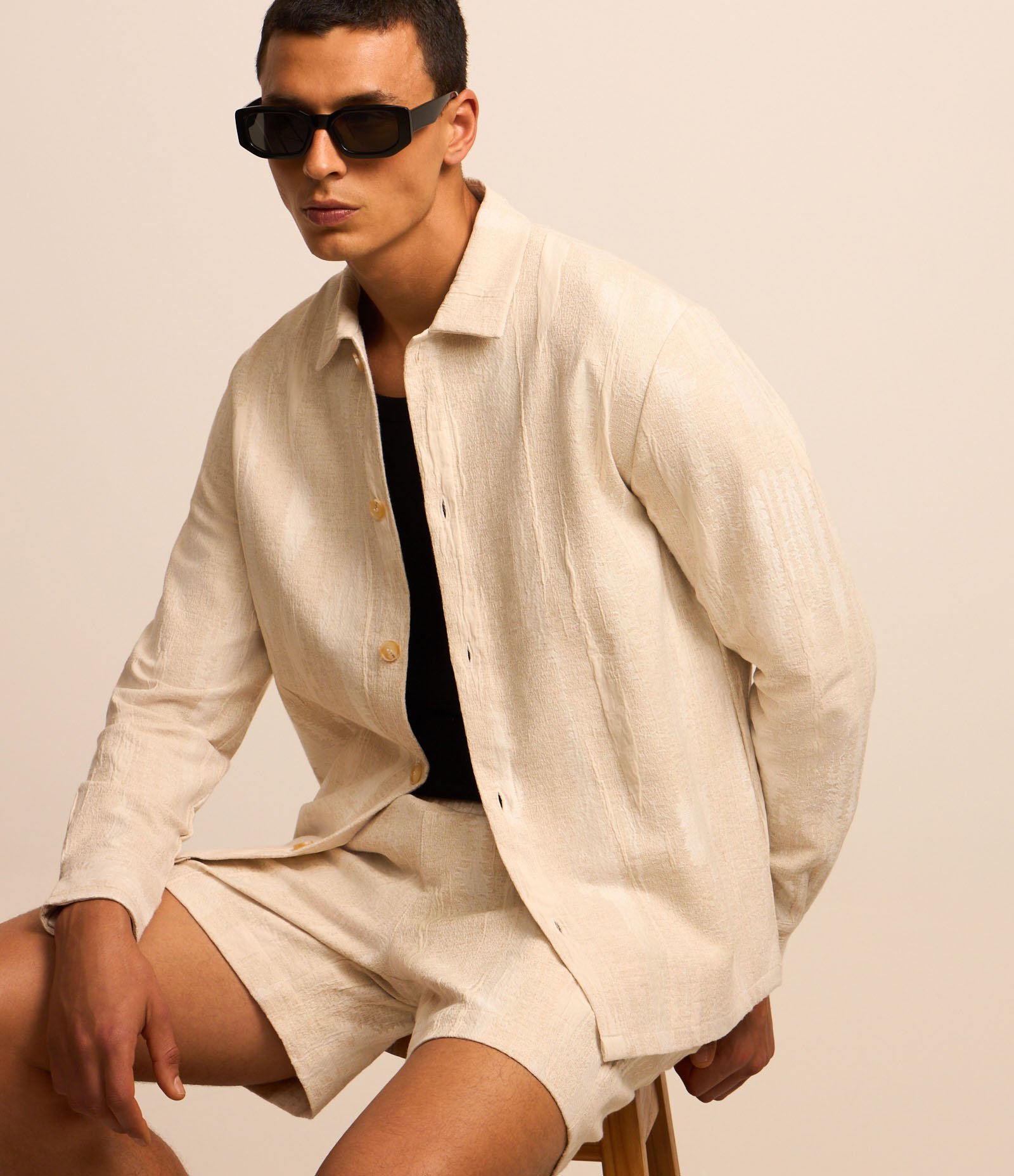 Jaqueta em Sarja com Textura Jacquard Bege 5