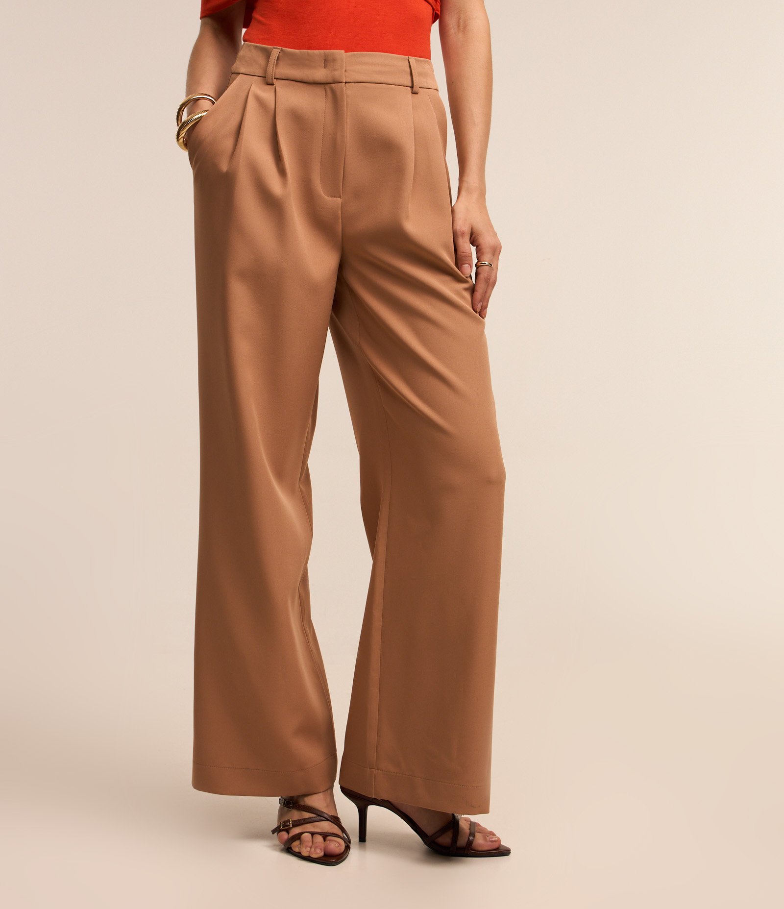 Calça Pantalona Alfaiatada com Pregas e Fechamento Frontal Bege 3