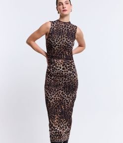 Vestido Tubinho Midi em Tule com Gola Alta e Estampa Oncinha