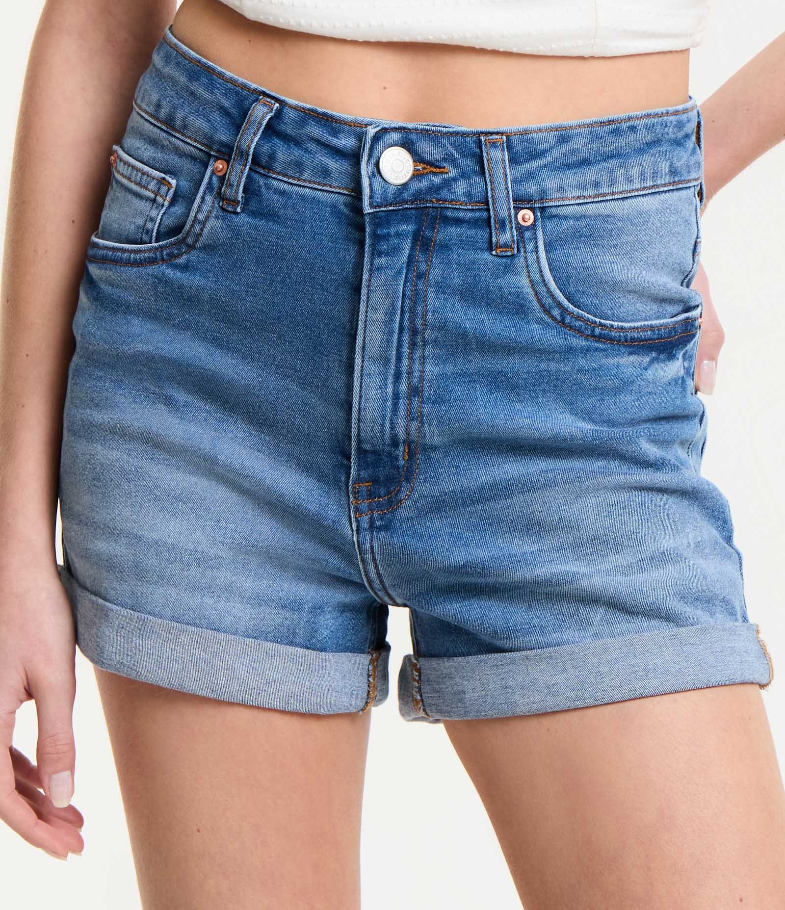Short Hot Pants Cintura Alta em Jeans com Barra Dobrada Azul 2