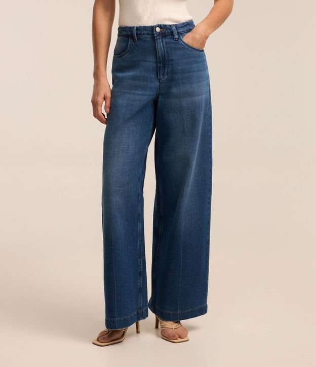 Calça Wide Leg Cintura Alta em Jeans com Bolsos