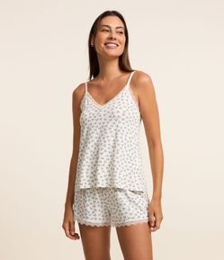 Pijama Short Doll em Poliamida com Estampa Raminhos de Flores e Renda