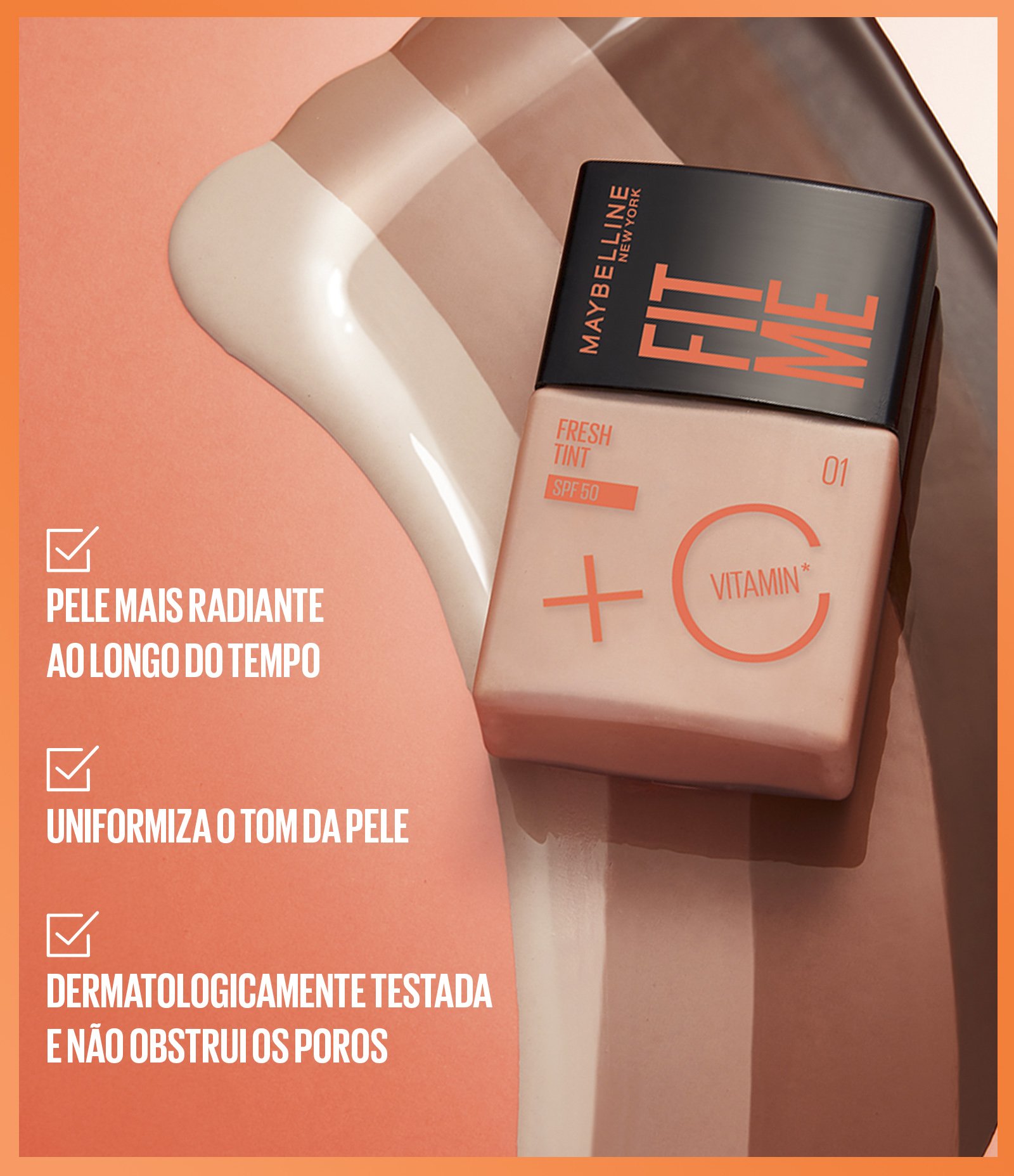 Base Liquida Maybelline NY Fit Me Fresh Tint com Vitamina C e FPS50 COR 09 3