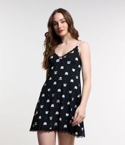 Camisola Alcinha em Poliamida com Renda no Decote e Estampa Gatinhos