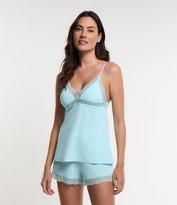 Pijama Short Doll com Alçinhas Contrastante e Detalhes em Renda