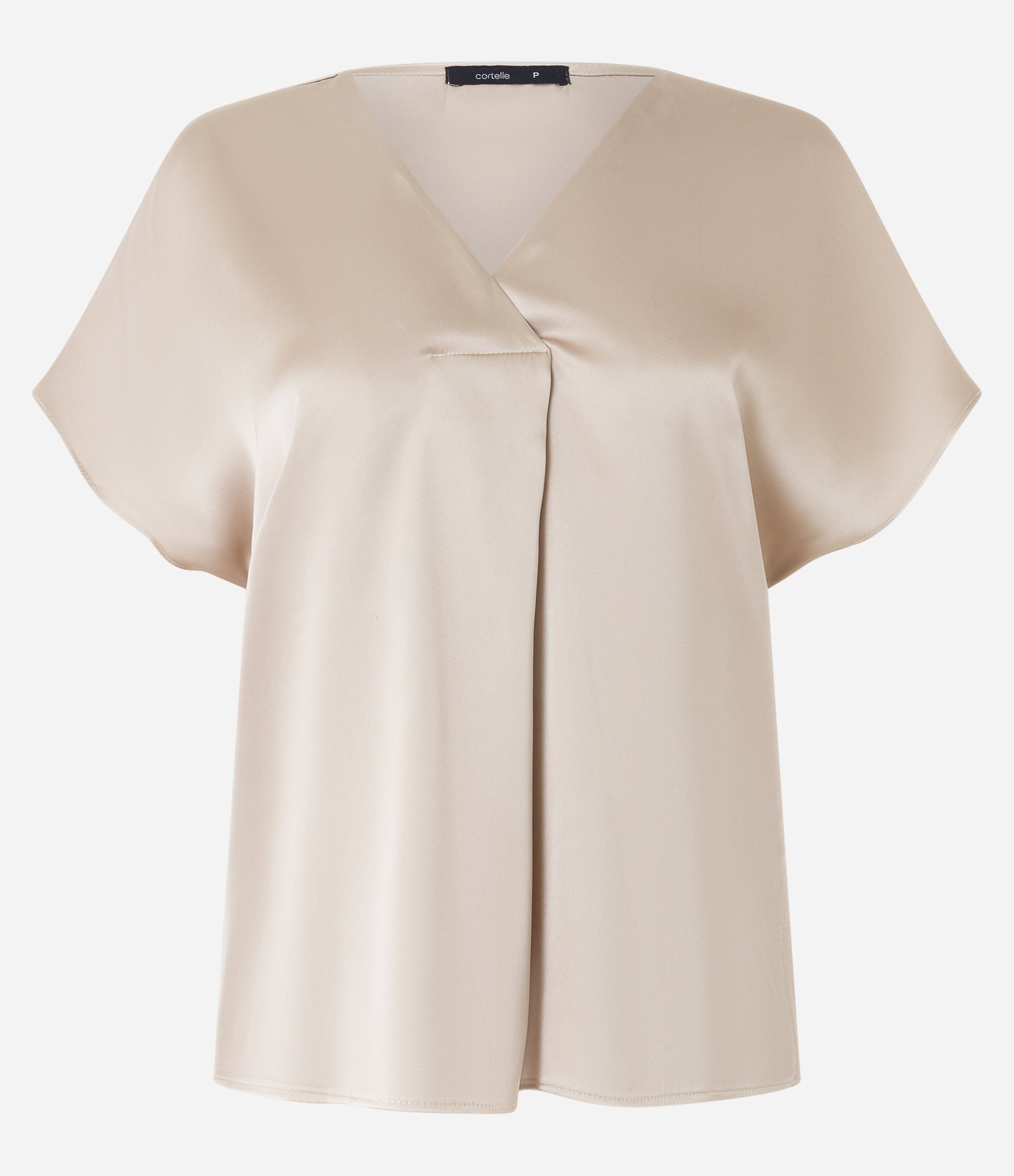 Blusa em Tecido Acetinado com Transpasse Frontal Bege Médio 1