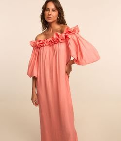 Vestido Midi Ombro a Ombro em Viscose com Babado Volumoso no Decote
