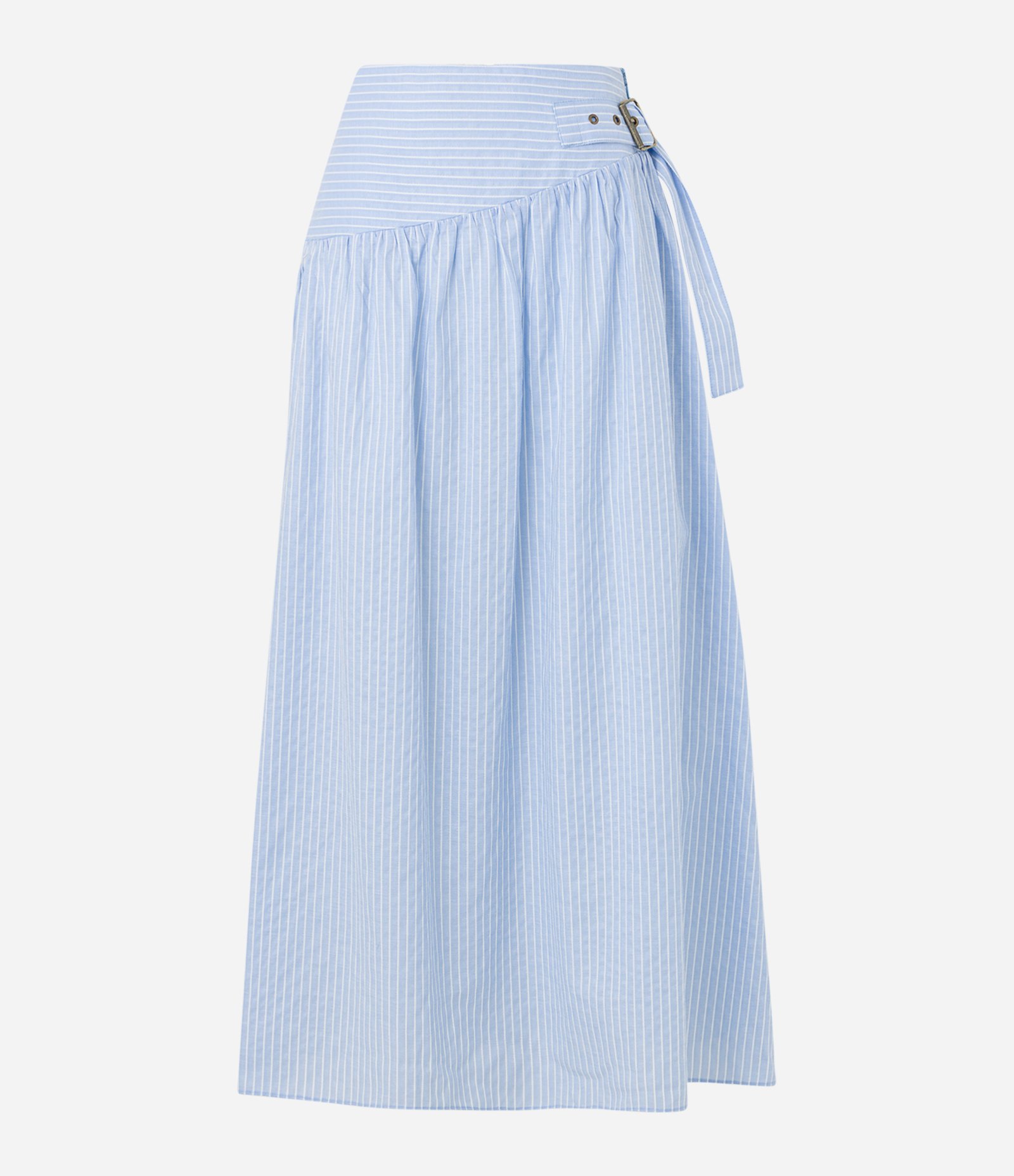 Saia Evasê em Tricoline com Fivela Lateral com Listras em Fio Tinto Azul 5