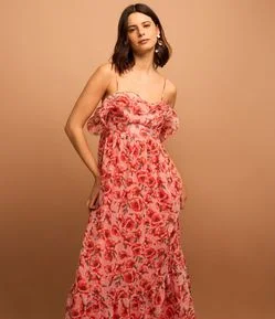 Vestido Midi em Chiffon com Babado no Busto e Estampa Floral
